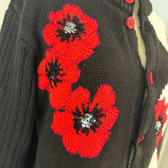 Vintage Argyle story book knits Black Red Floral cardigan with ceramic buttons - Picture 10 of 16